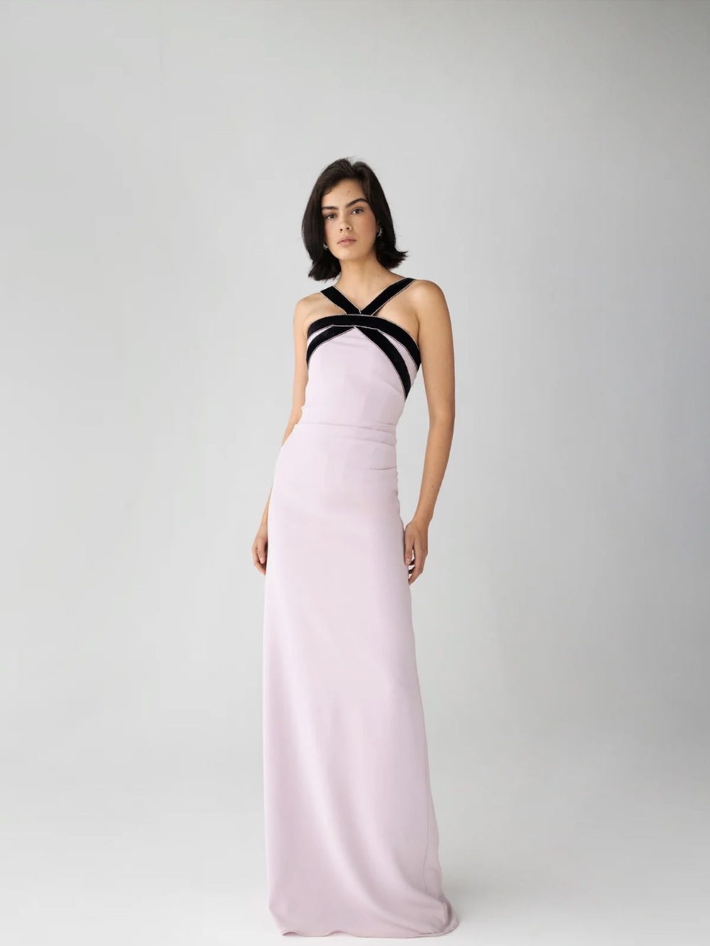 Sleeveless Pink Maxi Dress with Black Cross-Strap Detail